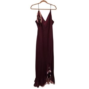 Vintage Y2K Dress M Asymmetrical Ruffle Sleeveless Vneck Burgundy Slit European